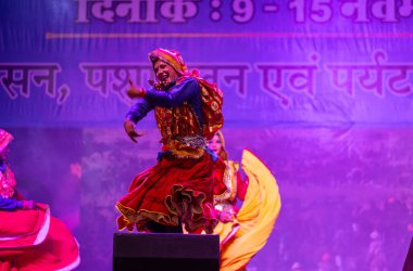 Pushkar, Rajasthan, Hindistan - 11 Kasım 2024: Bhangra, Sih erkek sanatçılar grubu renkli etnik elbiseler içinde bhangra dansı yapıyorlar..