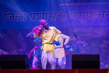 Puşkar, Rajasthan, Hindistan - 11 Kasım 2024: Halk dansı, Hintli erkek ve kadın sanatçılardan oluşan bir grup, Chhattisgarh eyaletinin rengarenk etnik kıyafetleriyle sokak dansı yapıyorlar.
