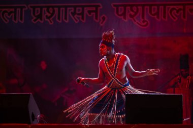 Puşkar, Rajasthan, Hindistan - 11 Kasım 2024: Halk dansı, Hintli erkek ve kadın sanatçılardan oluşan bir grup, Chhattisgarh eyaletinin rengarenk etnik kıyafetleriyle sokak dansı yapıyorlar.