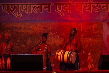 Puşkar, Rajasthan, Hindistan - 11 Kasım 2024: Halk dansı, Hintli erkek ve kadın sanatçılardan oluşan bir grup, Chhattisgarh eyaletinin rengarenk etnik kıyafetleriyle sokak dansı yapıyorlar.