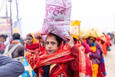 HARIDWAR, INDIA, FEBRUARY 2021: Kumbh mela sırasındaki Ganj nehri ve Haridwar 'ın renkli Ghat' ları. Maha Kumbh Mela her 12 yılda bir yapılan büyük bir hac yolculuğu..