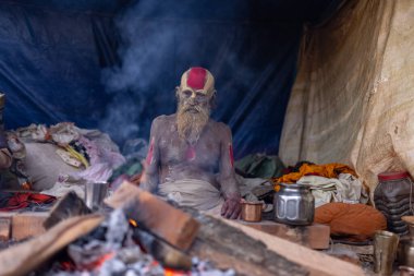 Prayagraj, Uttar Pradesh, Hindistan - 13 Ocak 2025: Mahakumbh, Mahakumbh, Kutsal erkek sadhu baba 'nın the maha kumbh mela' ya katılan portresi.