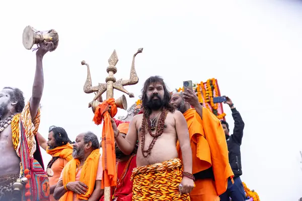 Prayagraj, Uttar Pradesh, Hindistan - 13 Ocak 2025: Mahakumbh, Mahakumbh, Kutsal erkek sadhu baba 'nın the maha kumbh mela' ya katılan portresi.