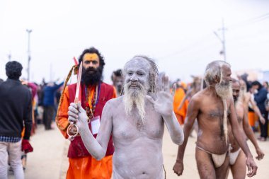 Prayagraj, Uttar Pradesh, Hindistan - 14 Ocak 2025: Mahakumbh, Mahakumbh, Kutsal Naga sadhu baba grubu.