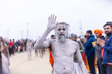 Prayagraj, Uttar Pradesh, Hindistan - 14 Ocak 2025: Mahakumbh, Mahakumbh, Kutsal Naga sadhu baba grubu.