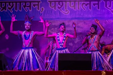 Puşkar, Rajasthan, Hindistan - 11 Kasım 2024: Folk dance, Afrika kıtasından gelen bir grup erkek sanatçı kültürel danslarını geleneksel kabile kıyafetleriyle,