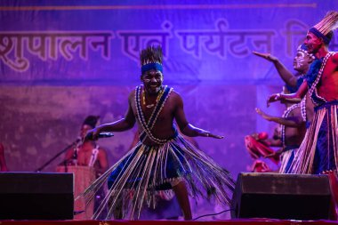 Puşkar, Rajasthan, Hindistan - 11 Kasım 2024: Folk dance, Afrika kıtasından gelen bir grup erkek sanatçı kültürel danslarını geleneksel kabile kıyafetleriyle,