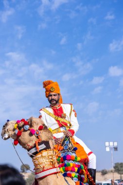 Bikaner, Rajasthan, Hindistan - 15 Ocak 2023: Bikaner 'deki çöl zemininde süslü develerin portresi.