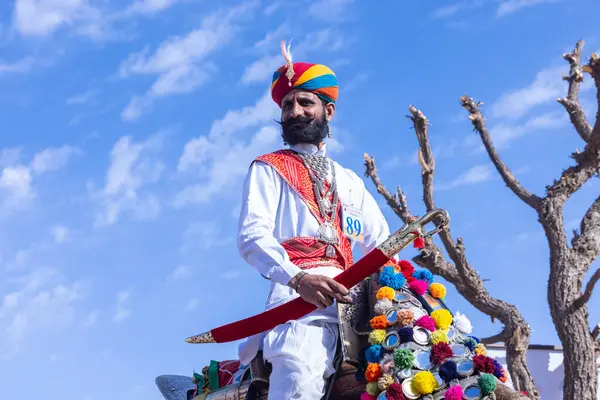 Bikaner, Rajasthan, Hindistan - 15 Ocak 2023: Bikaner 'deki çöl zemininde süslü develerin portresi.