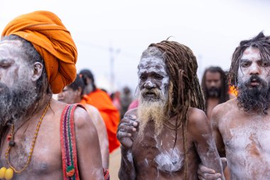 Prayagraj, Uttar Pradesh, Hindistan - 14 Ocak 2025: Mahakumbh, Mahakumbh, Kutsal Naga sadhu baba grubu.