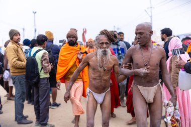 Prayagraj, Uttar Pradesh, Hindistan - 14 Ocak 2025: Mahakumbh, Mahakumbh, Kutsal Naga sadhu baba grubu.