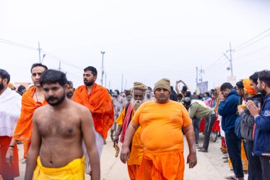Prayagraj, Uttar Pradesh, Hindistan - 14 Ocak 2025: Mahakumbh, Mahakumbh, Kutsal Naga sadhu baba grubu. 