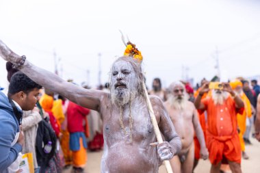 Prayagraj, Uttar Pradesh, Hindistan - 14 Ocak 2025: Mahakumbh, Mahakumbh, Kutsal Naga sadhu baba grubu. 