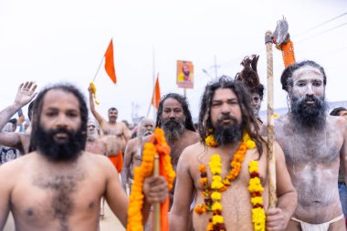 Prayagraj, Uttar Pradesh, Hindistan - 14 Ocak 2025: Mahakumbh, Mahakumbh, Kutsal Naga sadhu baba grubu. 