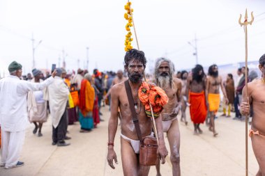 Prayagraj, Uttar Pradesh, Hindistan - 14 Ocak 2025: Mahakumbh, Mahakumbh, Kutsal Naga sadhu baba grubu. 