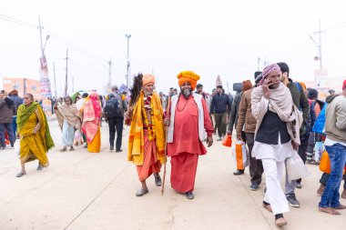 Prayagraj, Uttar Pradesh, Hindistan - 14 Ocak 2025: Mahakumbh, Mahakumbh, Kutsal Naga sadhu baba grubu.