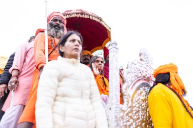 Prayagraj, Uttar Pradesh, Hindistan - 14 Ocak 2025: Mahakumbh, Mahakumbh, Kutsal Naga sadhu baba grubu.