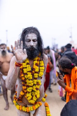 Prayagraj, Uttar Pradesh, Hindistan - 14 Ocak 2025: Mahakumbh, Mahakumbh, Kutsal Naga sadhu baba grubu.