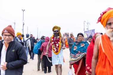 Prayagraj, Uttar Pradesh, Hindistan - 14 Ocak 2025: Mahakumbh, Mahakumbh, Kutsal Naga sadhu baba grubu.