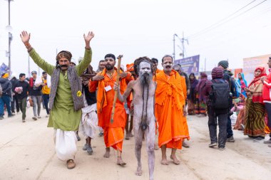 Prayagraj, Uttar Pradesh, Hindistan - 14 Ocak 2025: Mahakumbh, Mahakumbh, Kutsal Naga sadhu baba grubu.