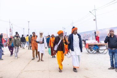 Prayagraj, Uttar Pradesh, Hindistan - 14 Ocak 2025: Mahakumbh, Mahakumbh, Kutsal Naga sadhu baba grubu.