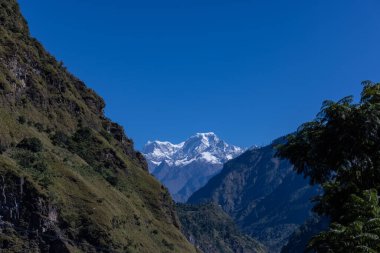 Himalaya, Himalaya dağlarının panoramik manzarası. Himalaya Dağları 'nın kışın Kedarnath Vadisi' ndeki manzarası.  