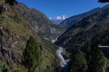 Himalaya, Himalaya dağlarının panoramik manzarası. Himalaya Dağları 'nın kışın Kedarnath Vadisi' ndeki manzarası.  