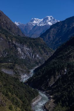 Himalaya, Himalaya dağlarının panoramik manzarası. Himalaya Dağları 'nın kışın Kedarnath Vadisi' ndeki manzarası.  