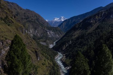 Himalaya, Himalaya dağlarının panoramik manzarası. Himalaya Dağları 'nın kışın Kedarnath Vadisi' ndeki manzarası.  