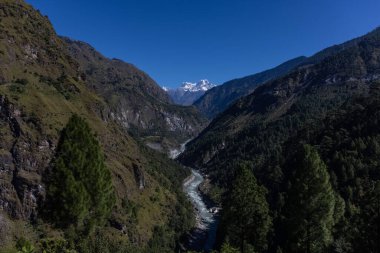 Himalaya, Himalaya dağlarının panoramik manzarası. Himalaya Dağları 'nın kışın Kedarnath Vadisi' ndeki manzarası.  