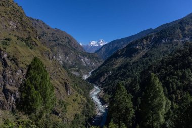 Himalaya, Himalaya dağlarının panoramik manzarası. Himalaya Dağları 'nın kışın Kedarnath Vadisi' ndeki manzarası.  
