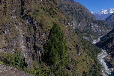 Himalaya, Himalaya dağlarının panoramik manzarası. Himalaya Dağları 'nın kışın Kedarnath Vadisi' ndeki manzarası.  