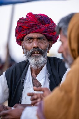 Puşkar, Rajasthan, Hindistan - Kasım 09 2024: Geleneksel beyaz giysili rajasthani erkek portresi çöl panayırında deve fuarı sırasında deve ticareti sırasında sarıklı.