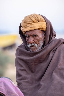 Puşkar, Rajasthan, Hindistan - Kasım 09 2024: Geleneksel beyaz giysili rajasthani erkek portresi çöl panayırında deve fuarı sırasında deve ticareti sırasında sarıklı.