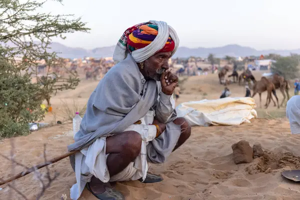 Bikaner, Rajasthan, Hindistan - 15 Ocak 2023: Siluet konsepti, gökyüzünün altındaki tepelerin tepesinde duran develer. Kimliği belirlenemeyen kişi.