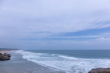 Plaj manzarası, deniz dalgaları ve hindistan cevizi ağaçlarıyla güzel bir kumsal manzarası. Doğa manzarası. 