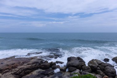 Plaj manzarası, deniz dalgaları ve hindistan cevizi ağaçlarıyla güzel bir kumsal manzarası. Doğa manzarası. 