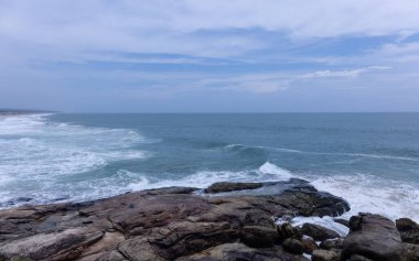 Plaj manzarası, deniz dalgaları ve hindistan cevizi ağaçlarıyla güzel bir kumsal manzarası. Doğa manzarası. 