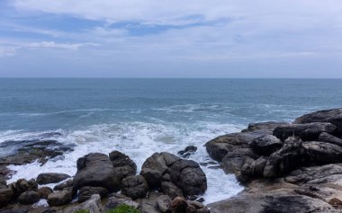 Plaj manzarası, deniz dalgaları ve hindistan cevizi ağaçlarıyla güzel bir kumsal manzarası. Doğa manzarası. 