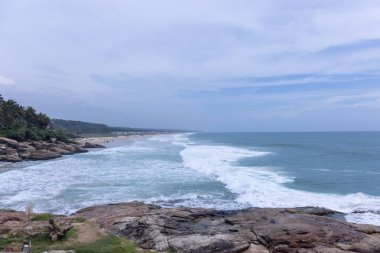 Plaj manzarası, deniz dalgaları ve hindistan cevizi ağaçlarıyla güzel bir kumsal manzarası. Doğa manzarası. 