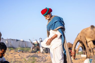 Puşkar, Rajasthan, Hindistan - Kasım 09 2024: Geleneksel giysili rajasthani erkek portresi çöl panayırında deve fuarı sırasında deve ticareti sırasında sarıklı.