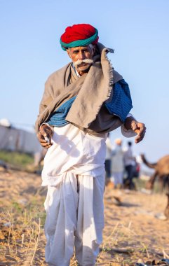 Puşkar, Rajasthan, Hindistan - Kasım 09 2024: Geleneksel giysili rajasthani erkek portresi çöl panayırında deve fuarı sırasında deve ticareti sırasında sarıklı.