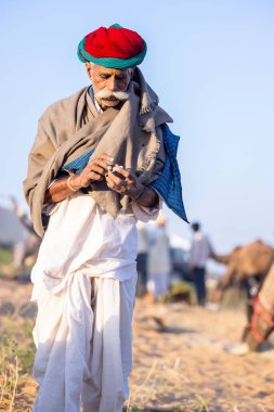 Puşkar, Rajasthan, Hindistan - Kasım 09 2024: Geleneksel giysili rajasthani erkek portresi çöl panayırında deve fuarı sırasında deve ticareti sırasında sarıklı.