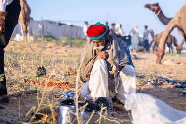 Puşkar, Rajasthan, Hindistan - Kasım 09 2024: Geleneksel giysili rajasthani erkek portresi çöl panayırında deve fuarı sırasında deve ticareti sırasında sarıklı.