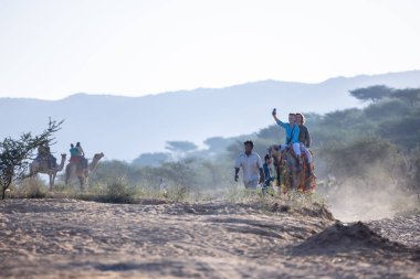 Pushkar Fuarı, deve festivali sırasında kum tepelerinin çöl zemininde deve süslemesi
