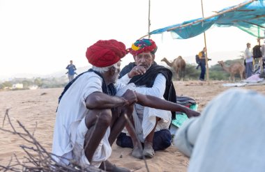 Puşkar, Rajasthan, Hindistan - Kasım 09 2024: Geleneksel giysili rajasthani erkek portresi çöl panayırında deve fuarı sırasında deve ticareti sırasında sarıklı.