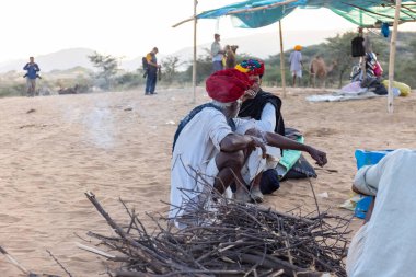 Puşkar, Rajasthan, Hindistan - Kasım 09 2024: Geleneksel giysili rajasthani erkek portresi çöl panayırında deve fuarı sırasında deve ticareti sırasında sarıklı.
