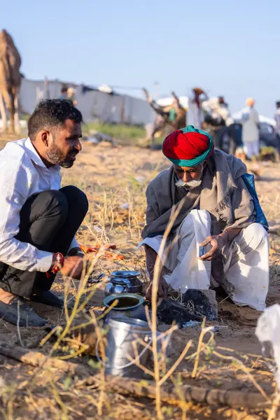 Puşkar, Rajasthan, Hindistan - Kasım 09 2024: Geleneksel giysili rajasthani erkek portresi çöl panayırında deve fuarı sırasında deve ticareti sırasında sarıklı.