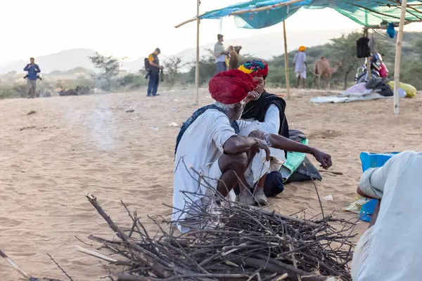 Puşkar, Rajasthan, Hindistan - Kasım 09 2024: Geleneksel giysili rajasthani erkek portresi çöl panayırında deve fuarı sırasında deve ticareti sırasında sarıklı.