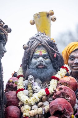 Varanasi, Uttar Pradesh, Hindistan - 20 Mart 2024: Masan Holi, Harishchandra ghat 'ta düzenlenen kutlama sırasında Lord Shiva gibi giyinmiş kuru külle boyanmış yüzlü insanların portresi.